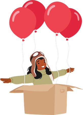 Child Character In Pilot Hat Sits In A Carton Box With Helium Balloons  Illustration