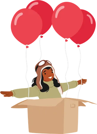 Child Character In Pilot Hat Sits In A Carton Box With Helium Balloons  Illustration