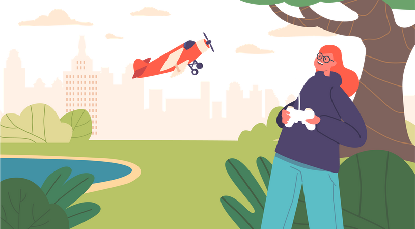 Child Character Operating A Remote-controlled Plane Toy  Illustration