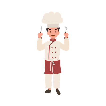 Child chef holding Fork and Knife  イラスト