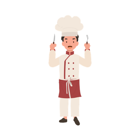 Child chef holding Fork and Knife  Ilustración