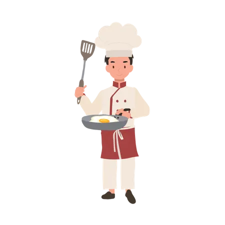 Child Chef Prepares A Delicious Fried Egg Kid Chef Cooking With Frying Pan Illustration