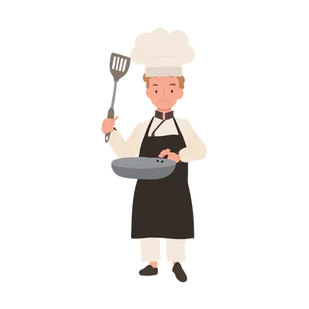 Child Chef Prepares A Delicious Meal Kid Chef Cooking With Frying Pan Illustration