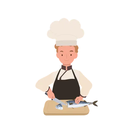 Child Chef Prepares Mackerel Fish Cute Young Chef Cooking Mackerel Fish With Joy Illustration