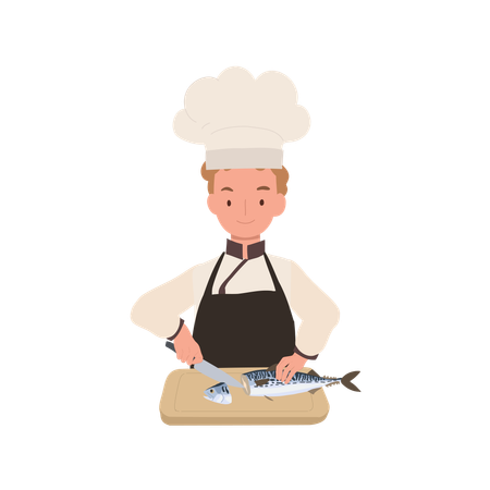 Child Chef Prepares Mackerel Fish  Illustration