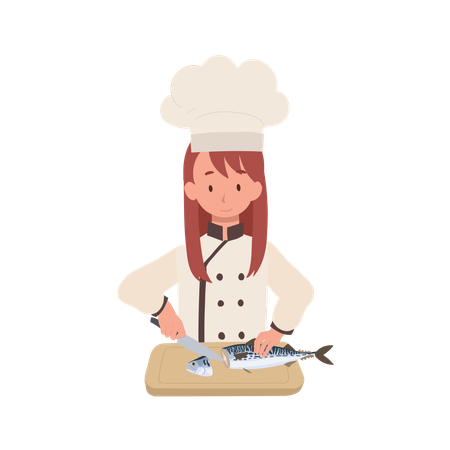 Child Chef Prepares Mackerel Fish  Illustration