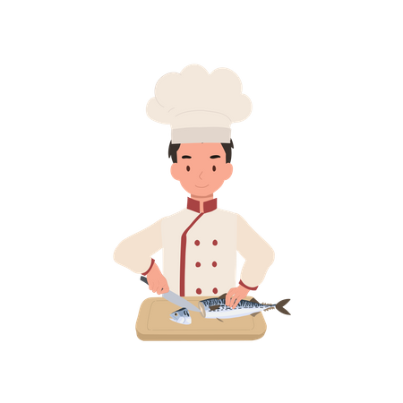 Child chef prepares mackerel fish  Illustration