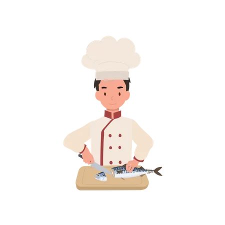 Child chef prepares mackerel fish  Illustration