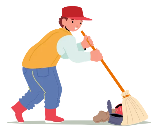 Child Cleaning Garbage Sweeping Ground Illustration