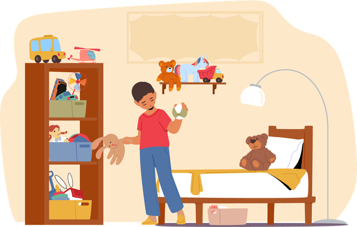 Child cleaning messy room  Illustration