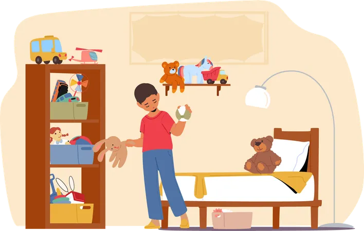 Child cleaning messy room  Illustration