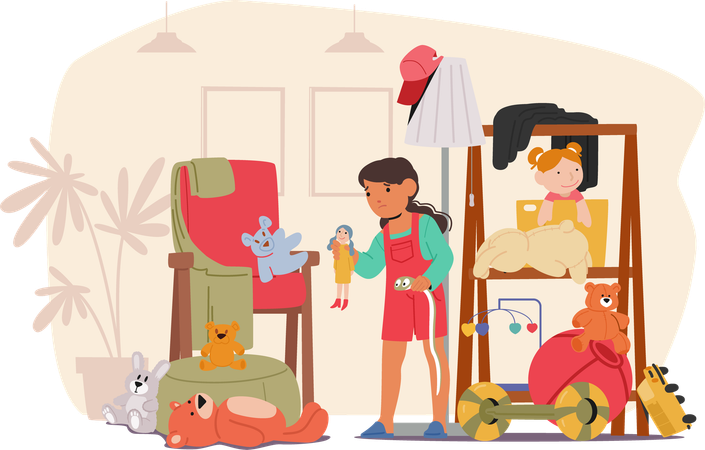 Child cleaning messy room  Illustration