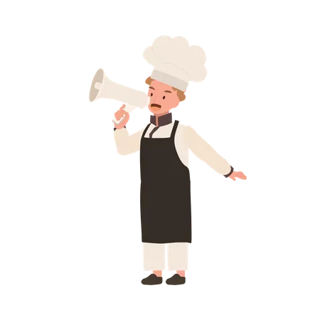 Cute Child Cook In Chef Uniform Making Announcement With Megaphone Illustration