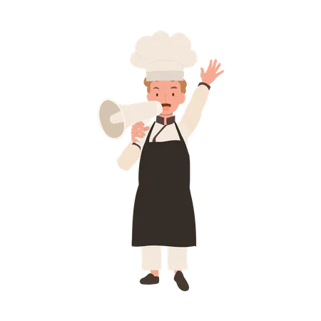 Child Cook in Chef Uniform Making Announcement with Megaphone  일러스트레이션