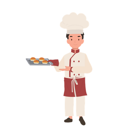 Child cook in chef's hat and apron baking a delicious bun  Illustration