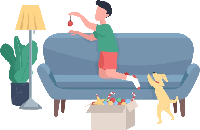 Child Decorating Living Room For Xmas Semi Flat Color Vector Character Full Body People On White Wintertime Activity Isolated Modern Cartoon Style Illustration For Graphic Design And Animation Illustration