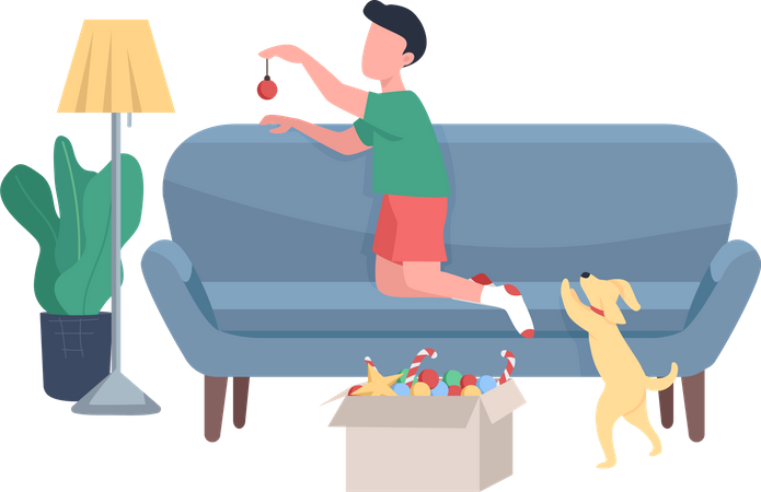 Child decorating living room for xmas  Illustration