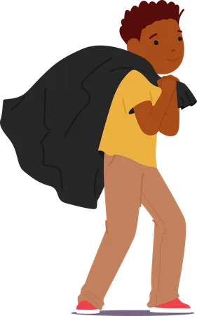 Child dragging black sack  Illustration