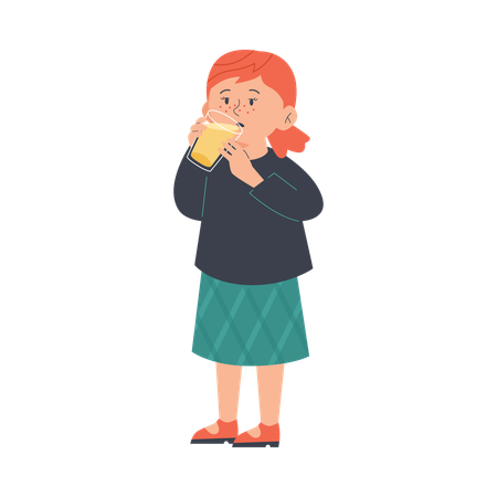 子供がガラスのマグカップからオレンジジュースを飲む  イラスト