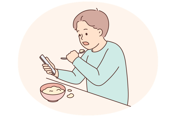 Child eat watching cartoons on cellphone  Illustration