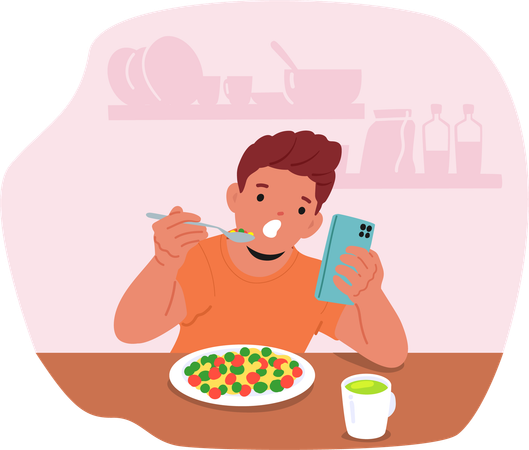 Child Eating Breakfast While Using Smartphone  Illustration