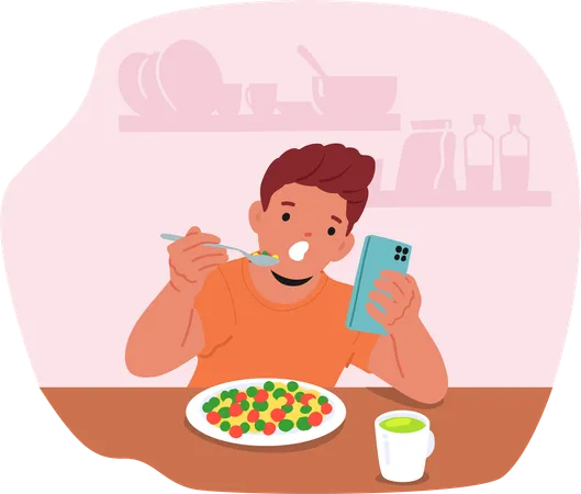 Child Eating Breakfast While Using Smartphone  Illustration