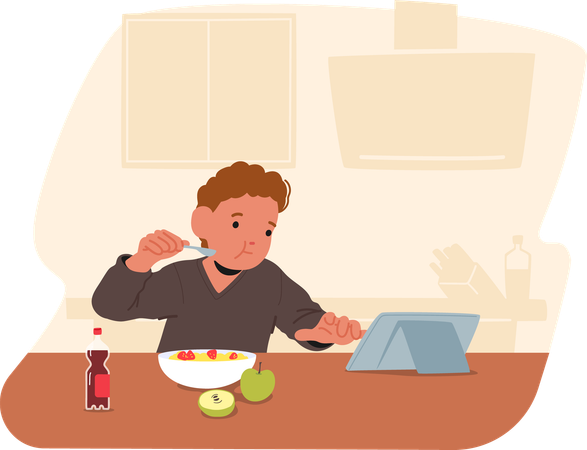 Child Eating Breakfast While Using Tablet  Illustration