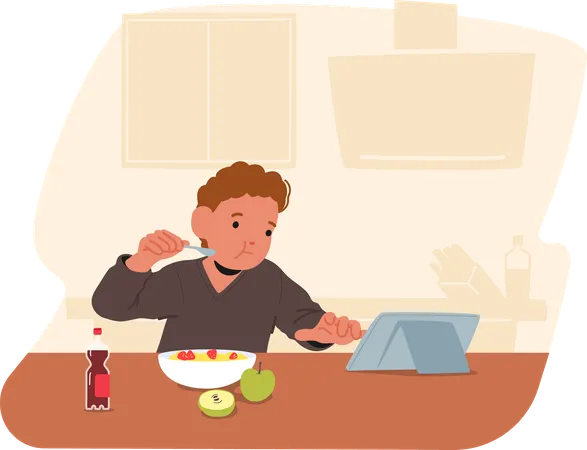 Child Eating Breakfast While Using Tablet  Illustration