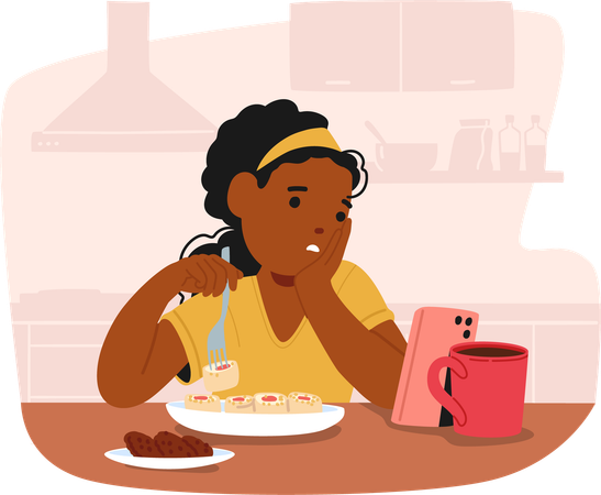 Child Engaged With Smartphone While Eating Breakfast In Home Kitchen  Illustration