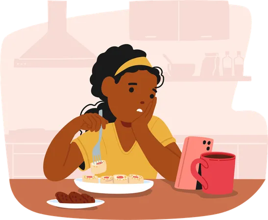 Child Engaged With Smartphone While Eating Breakfast In Home Kitchen  Illustration