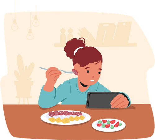 Child Engrossed In Gadget While Eating At Dining Table  Illustration