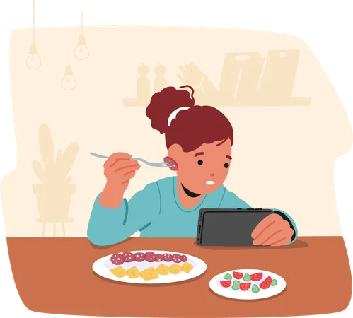 Child Engrossed In Gadget While Eating At Dining Table  Illustration