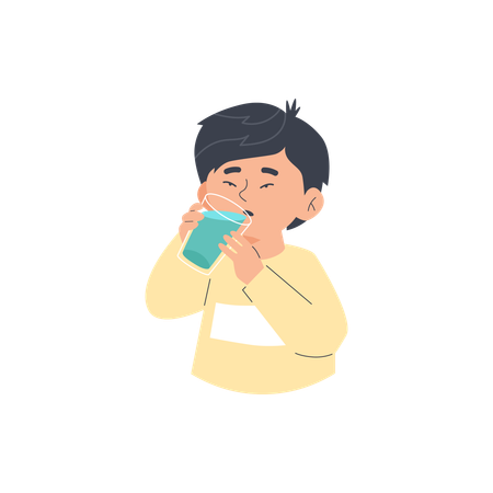グラスを持って水を飲むのを楽しむ子供  イラスト