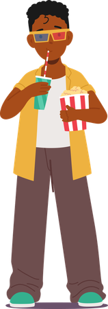 Child Enjoying Movie With 3d Glasses Popcorn And Drink  Illustration