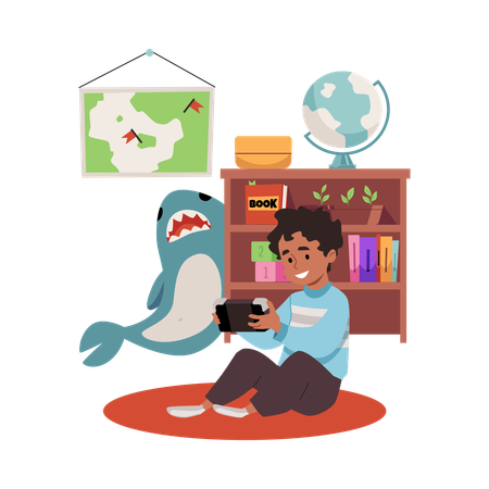 Child enthusiastically playing with game console next to a books  Illustration