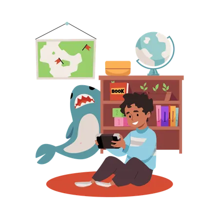 Child enthusiastically playing with game console next to a books  Illustration