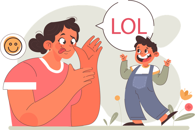 Child giggles with mom funny face  Illustration