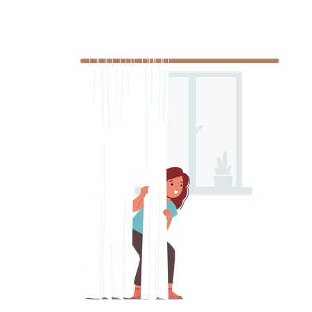 Child Girl Character Playing Hide And Seek Indoors  Illustration