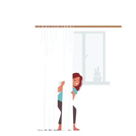 Child Girl Character Playing Hide And Seek Indoors  Illustration