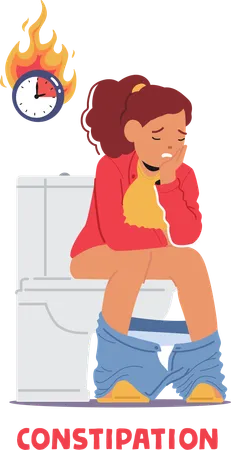 Child Girl Character Sits On The Toilet Grimacing In Discomfort Struggling With Constipation Seeking Relief And Patiently Waiting For Relief Cartoon People Vector Illustration Illustration