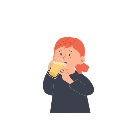 ガラスのコップからオレンジジュースを飲む女の子  イラスト