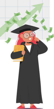 Child Girl In Student Gown And Mortarboard Teaches Financial Literacy To Children  Illustration