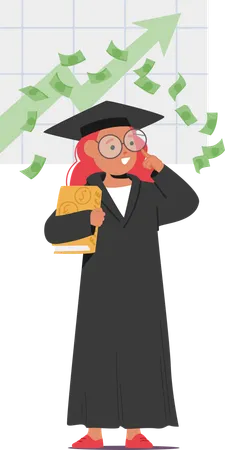 Child Girl In Student Gown And Mortarboard Teaches Financial Literacy To Children  Illustration