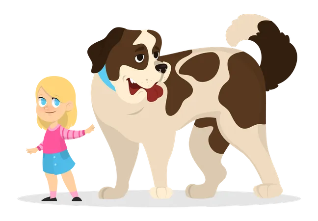 Child girl play with a dog Illustration