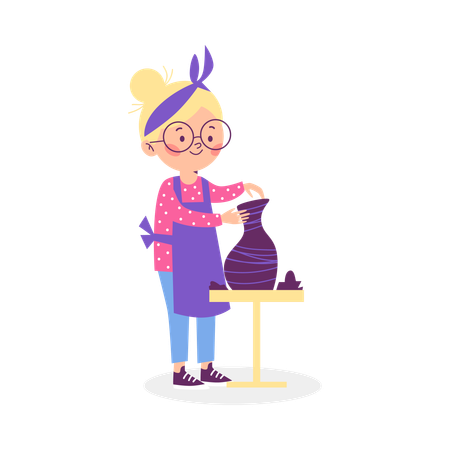 Child girl potter making ceramic pot  Illustration
