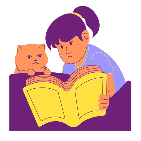 Child Girl reading book for pet  Illustration