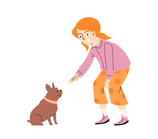 Child girl teaches dog to follow commands  Illustration