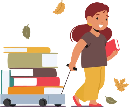 Child Girl Walks With Trolley Filled With Books  Illustration