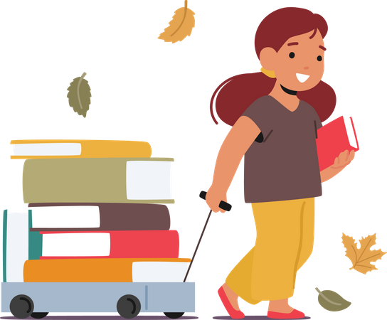 Child Girl Walks With Trolley Filled With Books  Illustration