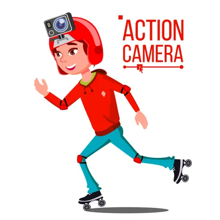 Child Girl With Action Camera Vector Illustration